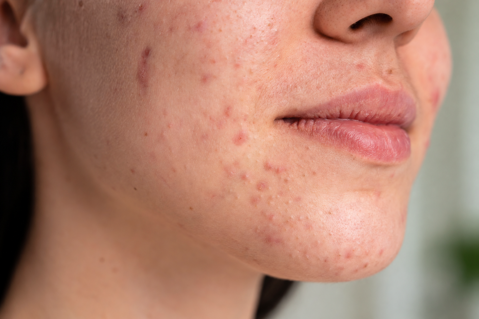 Close-up van acne op de wang en kin