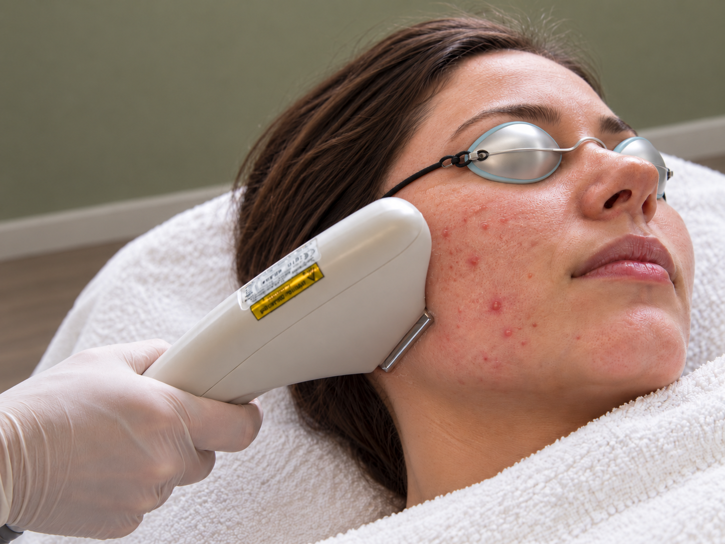 IPL/VPL-behandeling van acne op de wang met beschermende oogkapjes