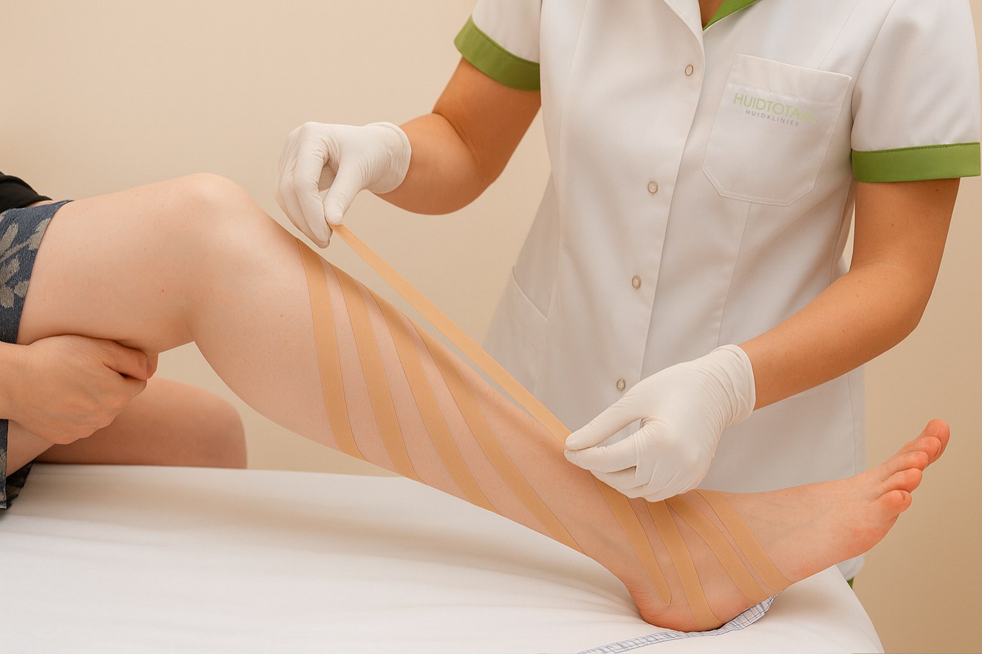 Beige lymftape wordt met witte handschoenen op het onderbeen aangebracht