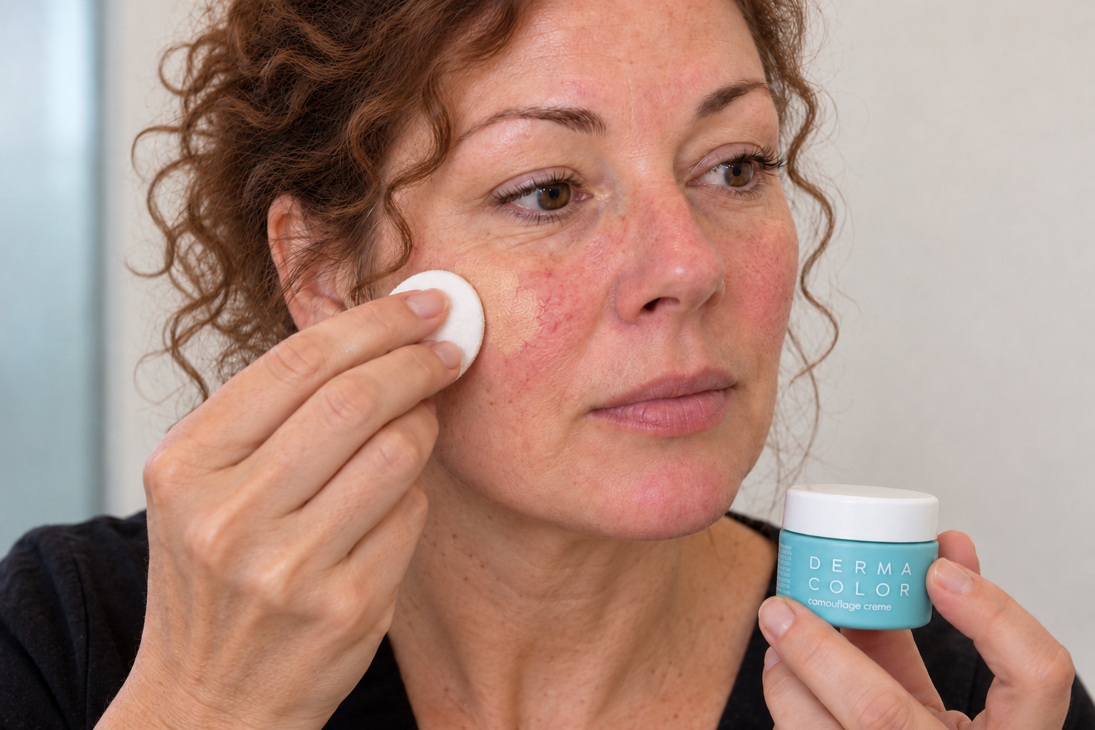 Een vrouw met roodheid op de wangen brengt Dermacolor camouflagecrème aan met een sponsje