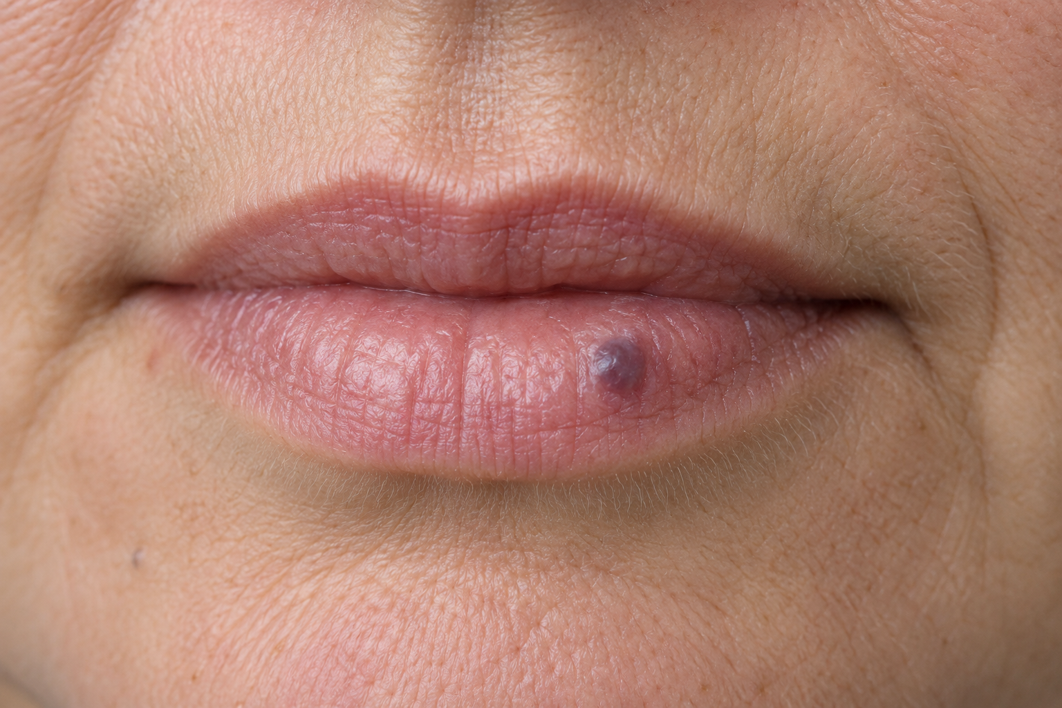 Close-up van een blauwpaars vaatplekje op de onderlip